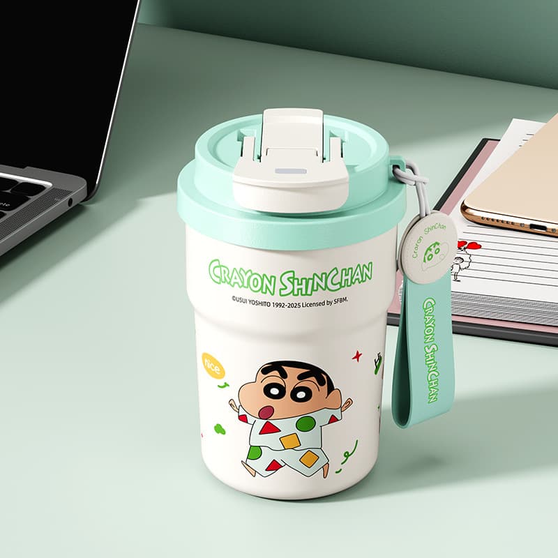 Crayon Shin-chan Insulated Water Bottle, High Appearance Straw Cup, 316 Stainless Steel, Portable Dual-Drink Coffee Cup