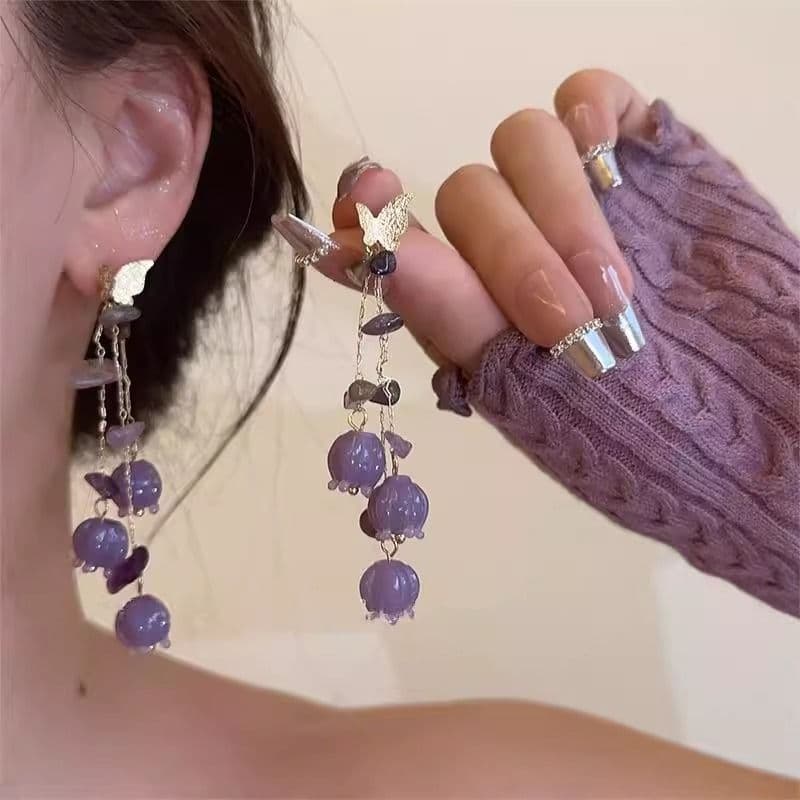 Ethereal Purple Lily of the Valley Long Fringe Earrings for Women, Face-Slimming Super Fairy Elegant Niche Retro Ear Accessory