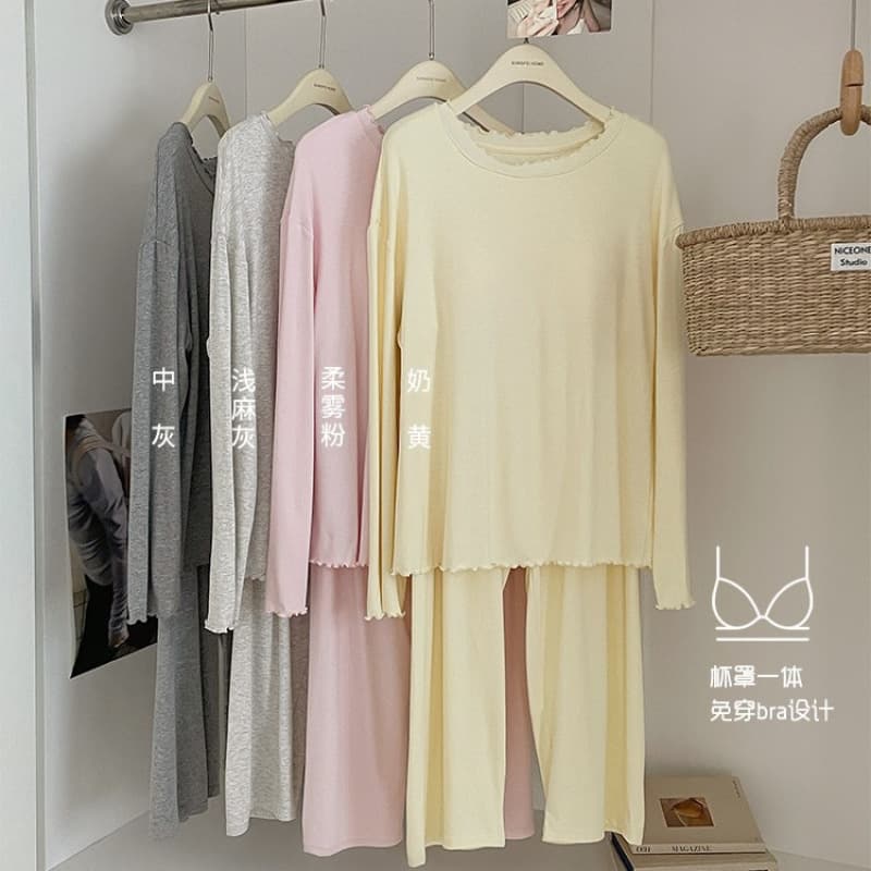 3231 Bra-free long-sleeved pajamas for women in spring and summer with earrings and chest pads to prevent exposure, lazy and comfortable home clothes for women