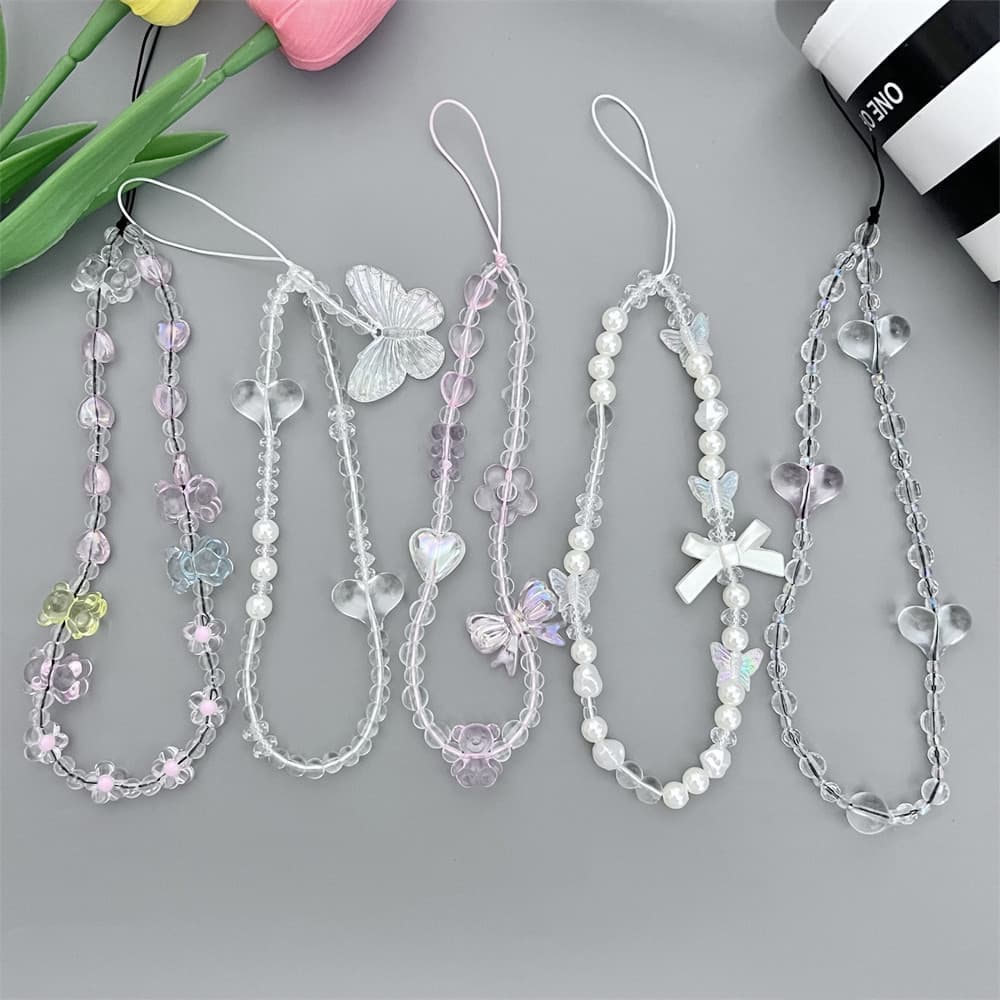 Cartoon Bear Short Women's Phone Lanyard Love Heart Bow Beaded Chain Phone Case Charm Cropped Digital Computer Accessories