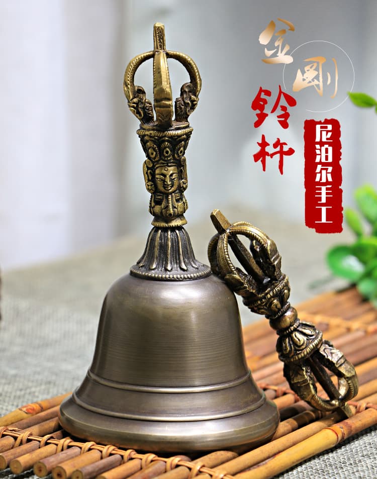 Nepal Handmade Copper Ritual Implements: Polished Five-Pronged Vajra Bell and Dorje, Classical Ceremonial Items, Medium and Large Size Ornaments Wholesale