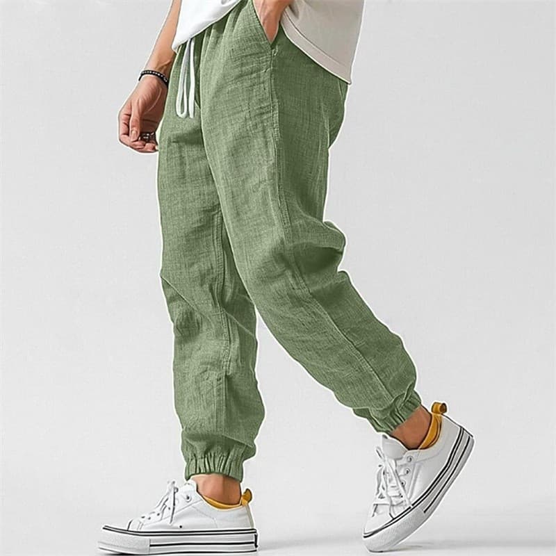 Men's Cotton Linen Casual High-Quality Elastic Waist Straight Leg Solid Color Comfortable Breathable Jogger Pants