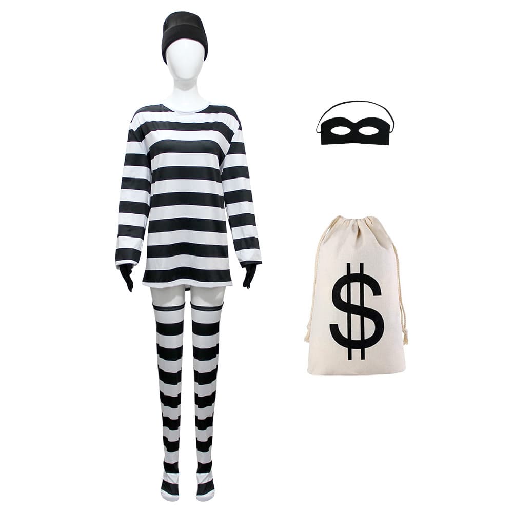 Holiday party masquerade female thief prisoner eye mask knitted hat gloves striped stockings canvas money bag dress up