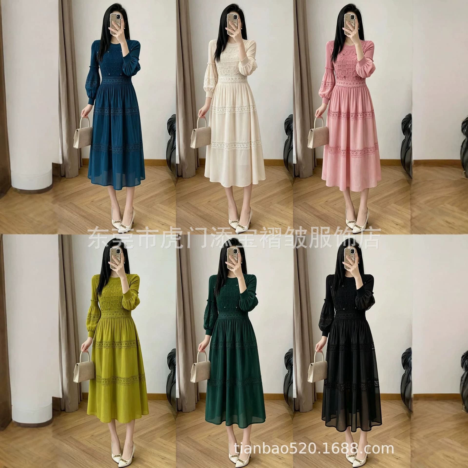 Tianbao miyake cross-border wholesale new solid color hollow beaded lantern sleeve plus size women's dress