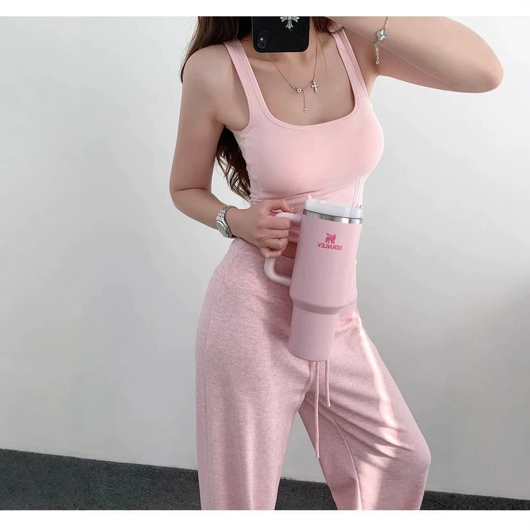 Relaxed Fit Soft Dropped Waist Wide-Leg Drawstring High-Waist Casual Floor-Length Sweatpants for Women Students Trendy