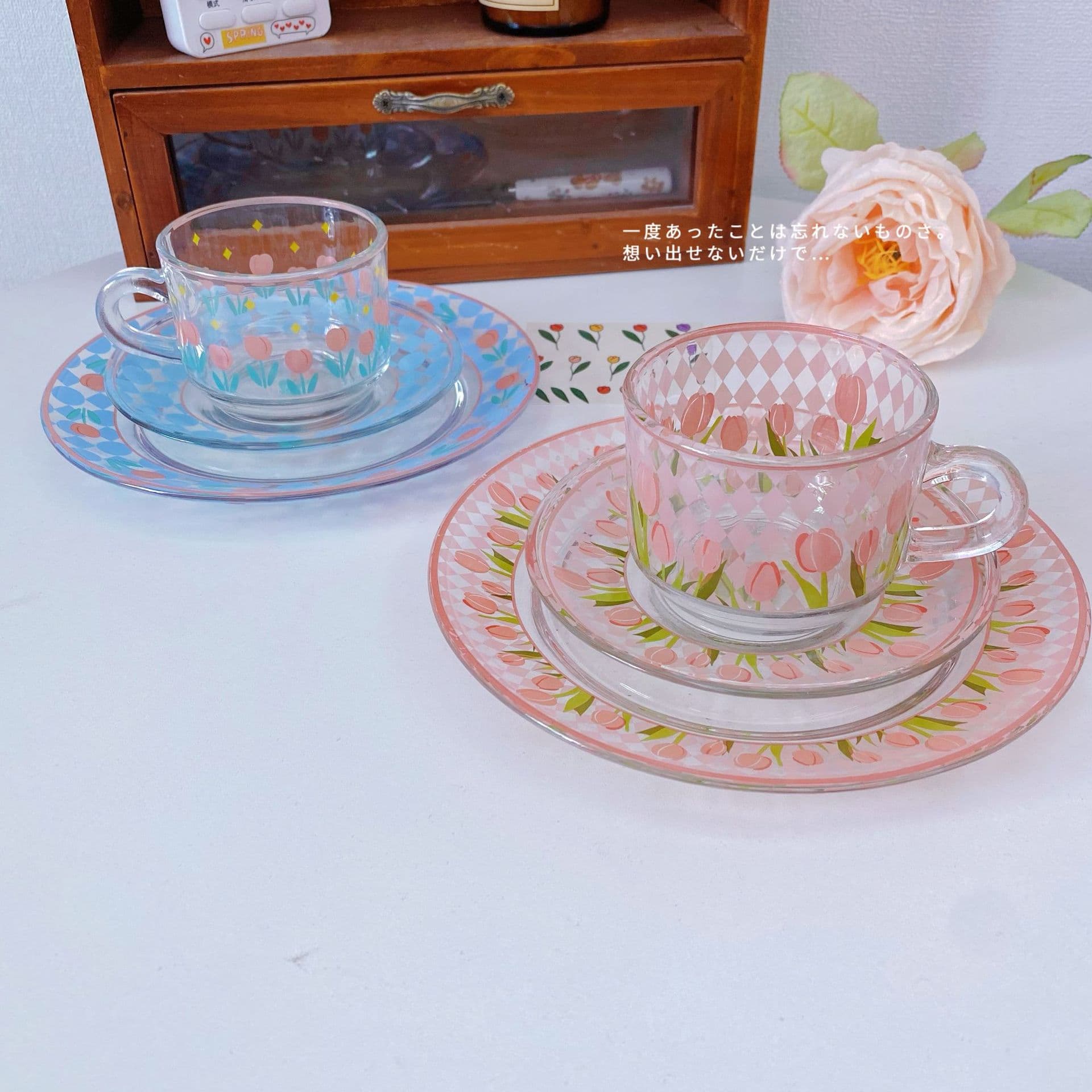 Ins style French tulip glass cup and saucer set cute girly heart afternoon tea coffee cup breakfast plate