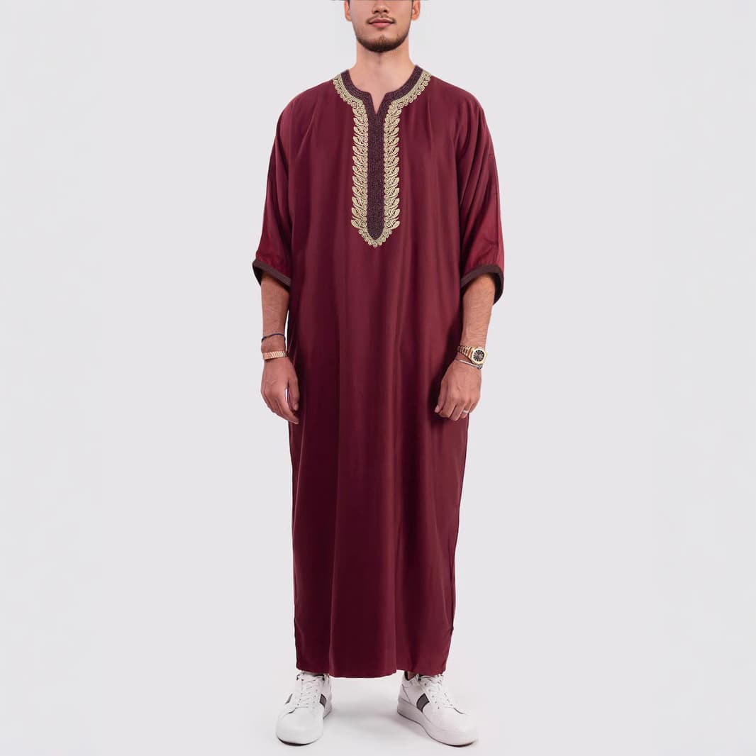 2025 Cross-border Ethnic Men's Clothing Middle Eastern Muslim Loose-fitting Robe with Embroidery and Moroccan Pockets