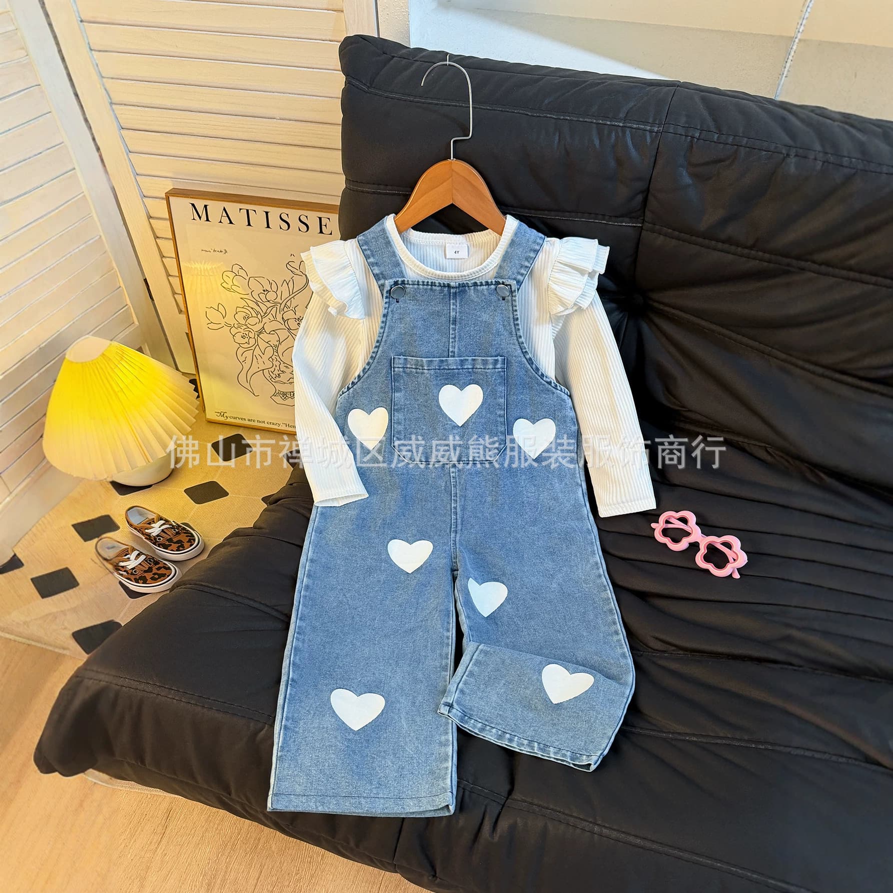 Girls Love Denim Bib Overalls Two-piece Set Small Flutter Sleeve Ribbed Undershirt Wide Leg Bib Overalls Set