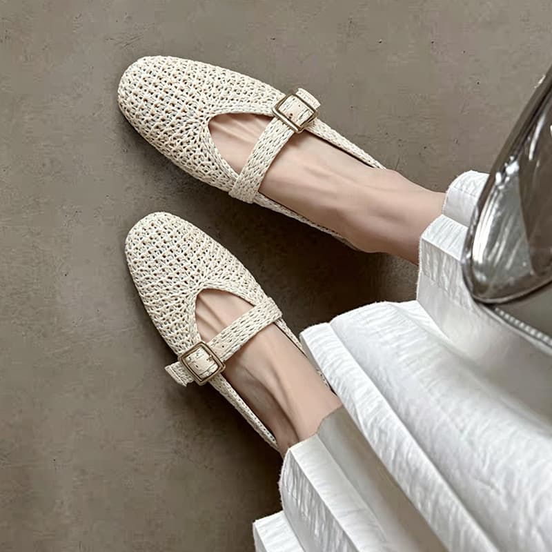 2026-1 French Vintage Straw Woven Mary Jane Shoes for Women, Flat, Low-Cut, Breathable Woven Shoes, Plus Size