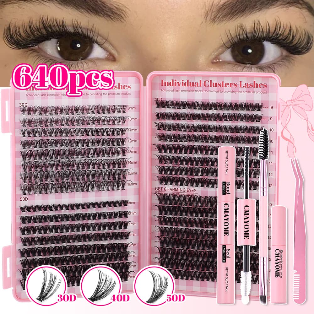 Cross-border Hot Selling 640 Clusters DIY Individual Lashes 9-16mm Natural Thick D-Curve Segmented False Lash Extension Set