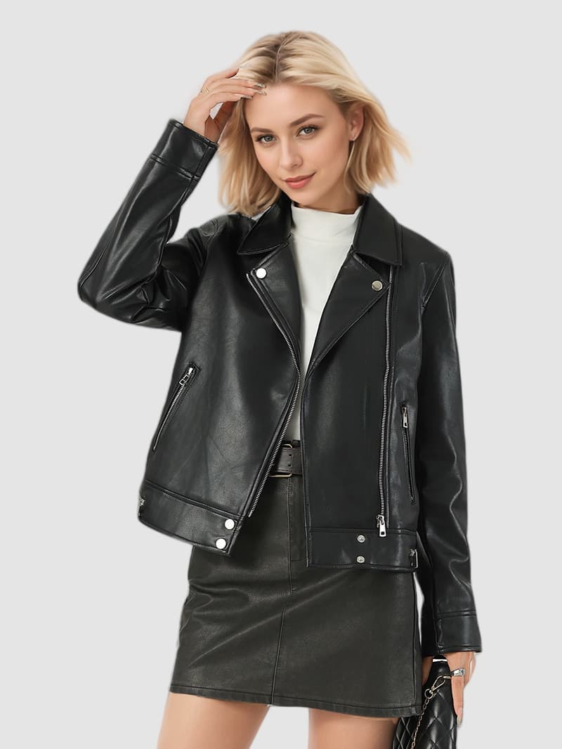 Cross-border Custom 2026 Fall New Women's Leather Jacket Short Notch Collar Moto Biker Leather Coat in Stock
