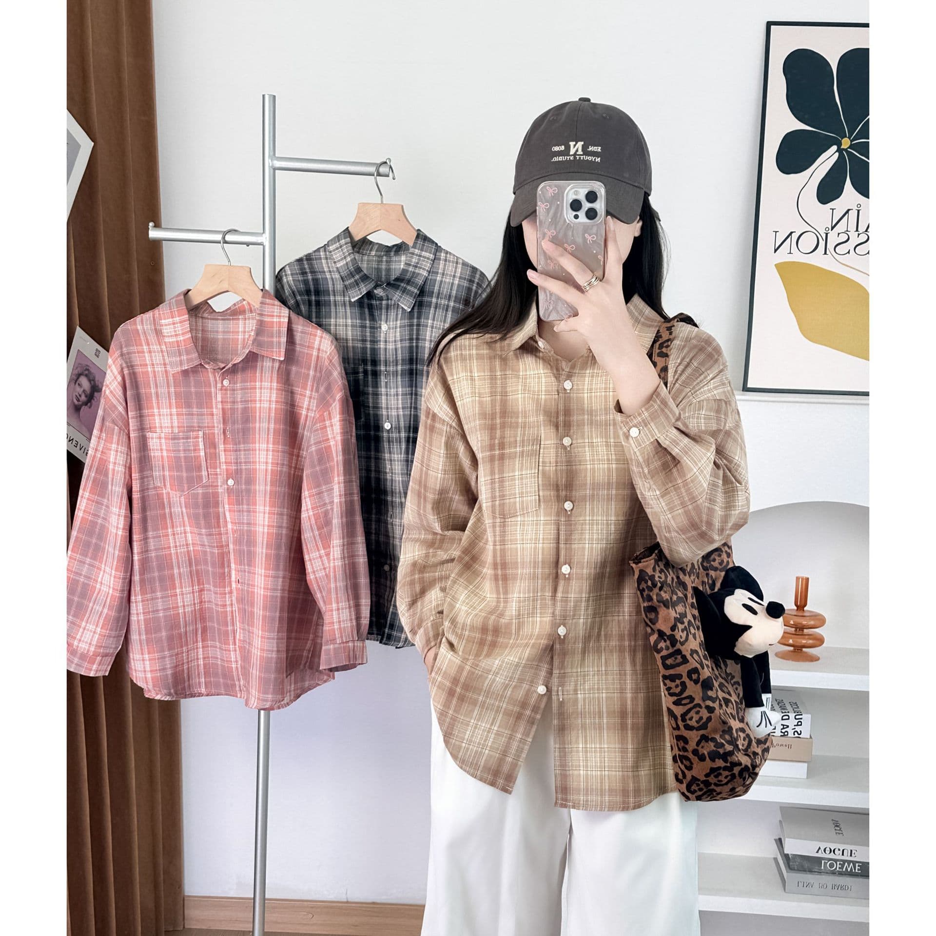 Summer Korean Style Plus Size 200lbs Lightweight Air Conditioning Grid Shirt Sun Protection Shirt Large Size Women's Fashion 5148
