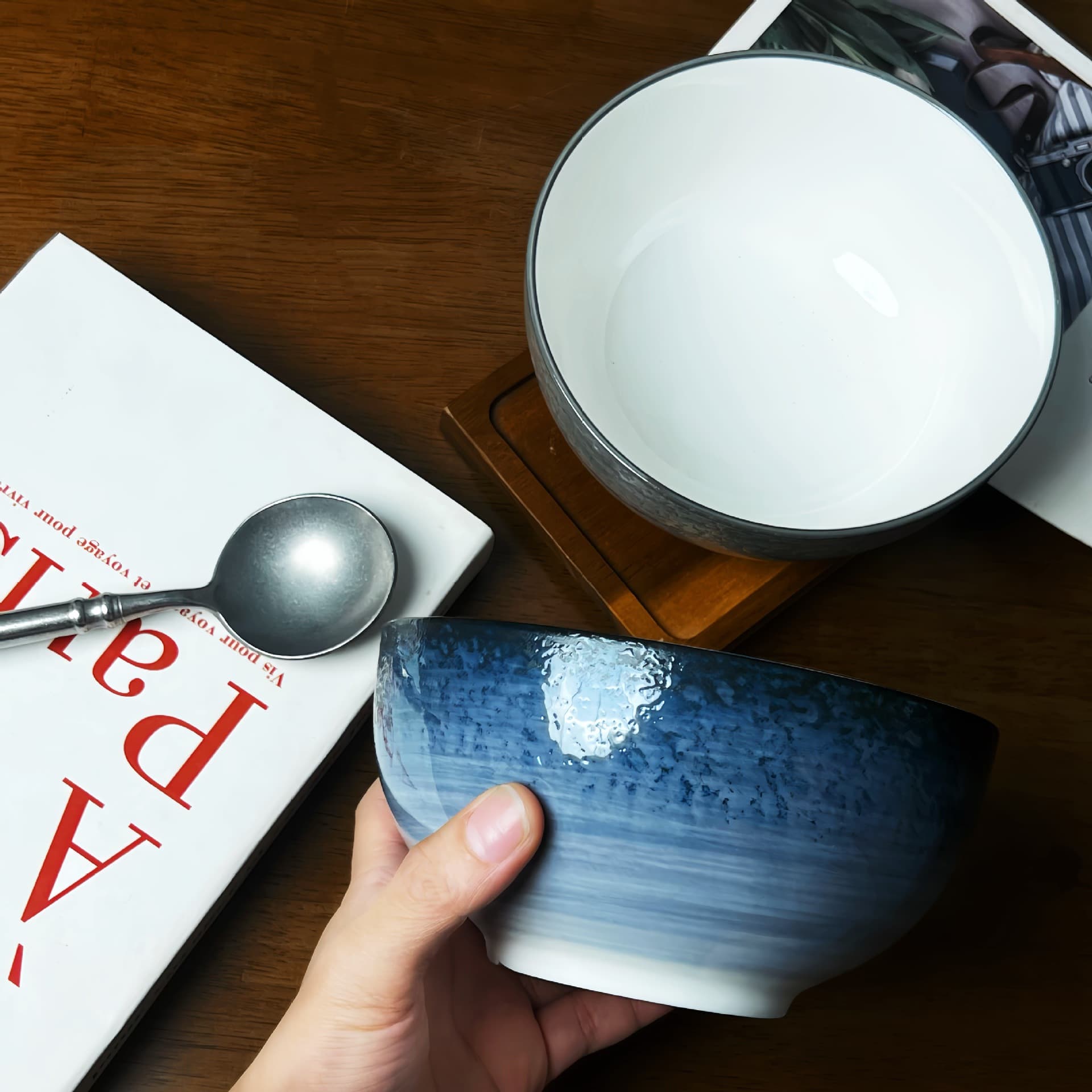 Mist Gray/Mist Blue Gradient Stone-Patterned Bowl, Household Ceramic Noodle Bowl, Soup Bowl, High Aesthetic Value, Instagram-Style Tableware, a Must-Have for One-Person Meals