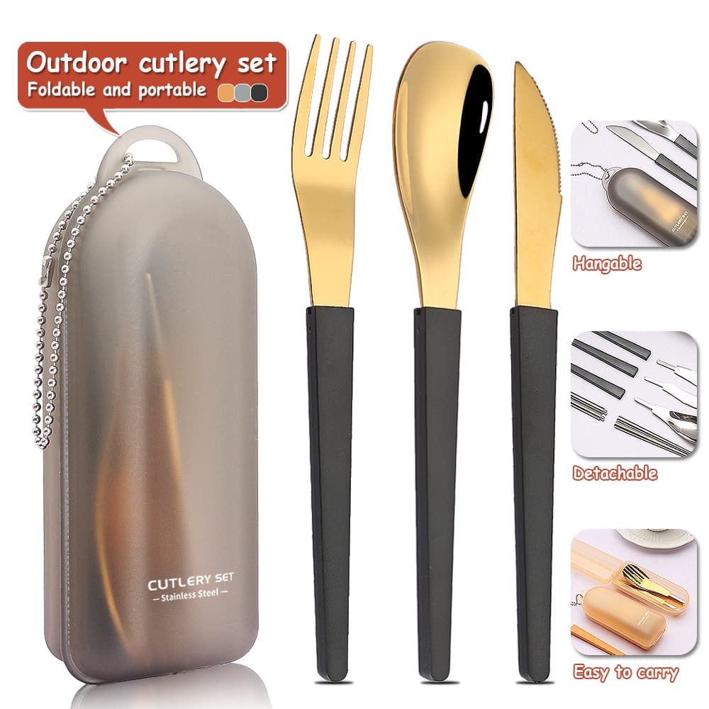 Creative 304 Stainless Steel Portable Foldable Four-piece Utensil Set, Multi-functional Folding Tableware for Outdoor Solo Use