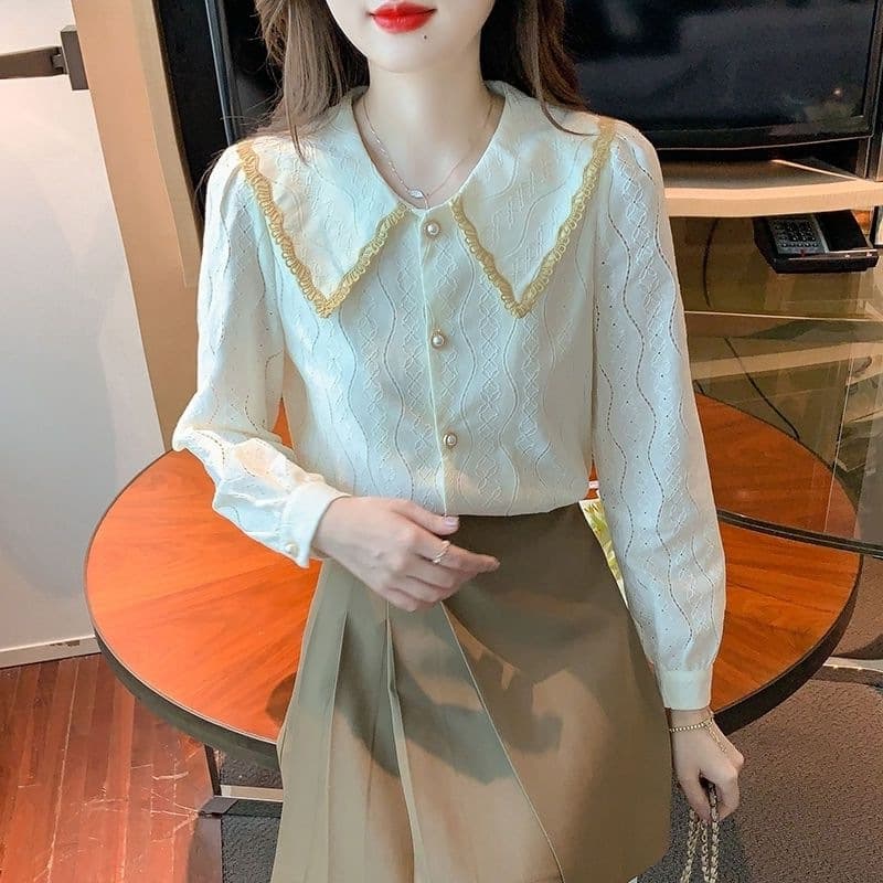 Women's Doll Collar Chiffon Blouse Spring Autumn 2025 New Fashionable Lace Layering Top