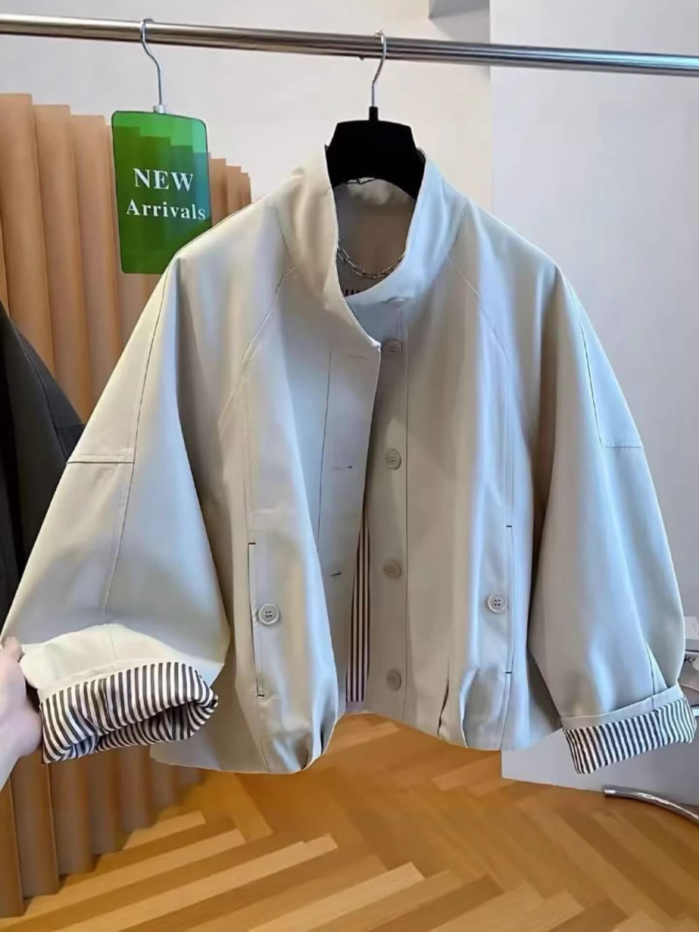 European British Style Stand Collar Jacket for Women 2026 New Loose Casual Lined Striped Short Trench Coat Top