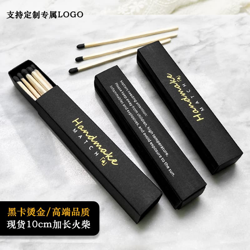 High-end Black Gold-stamped 10cm Extended Matches with Refined Retro Texture for Birthday Candles and Anti-burn Use