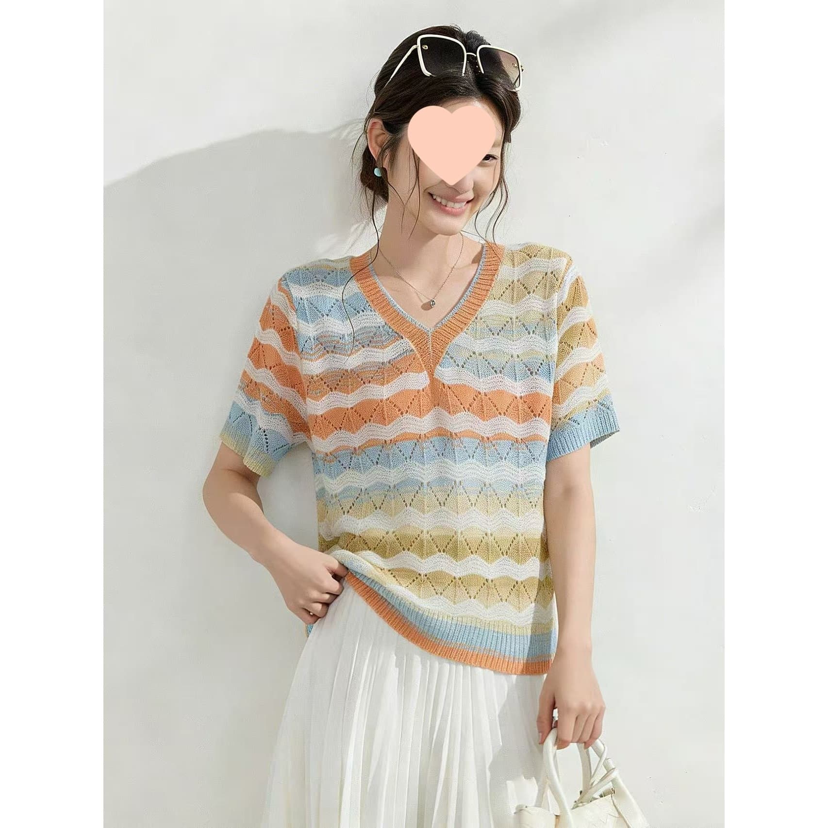 V-Neck Short Sleeve Hollow Knit Top Women 2026 Summer New Colorful Striped Hollow Thin Knitwear