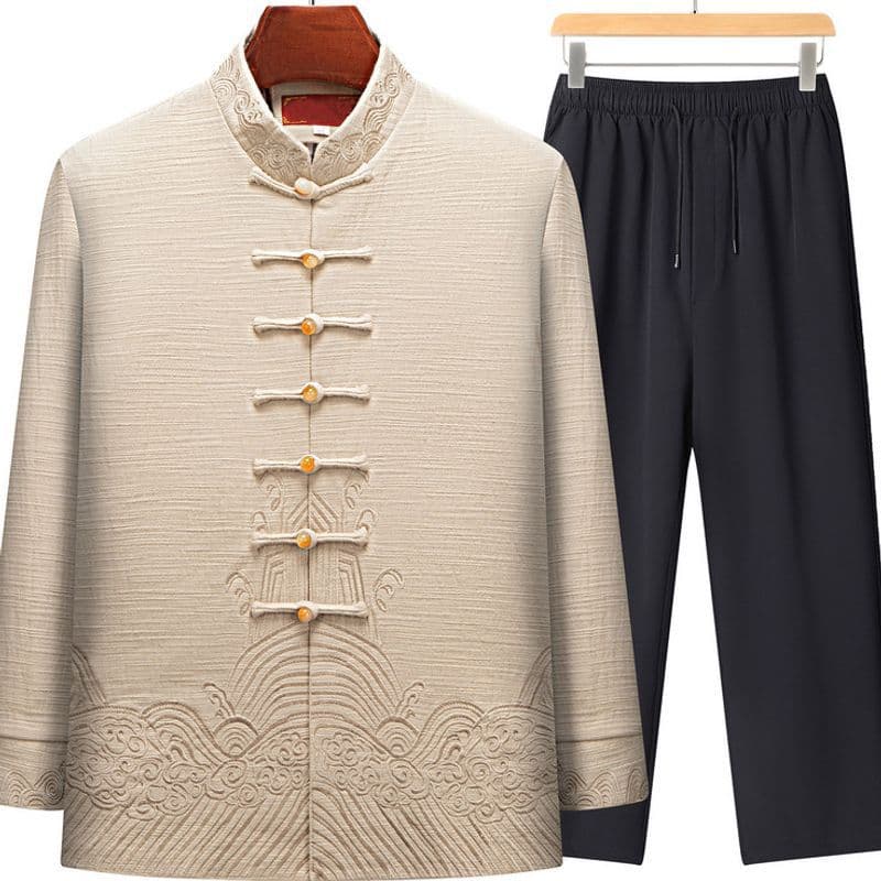 2025 New Middle-Aged and Elderly Tang Suit Men's Spring and Autumn Jacket Chinese Style Dad's Zhongshan Suit Elderly Hanfu Set