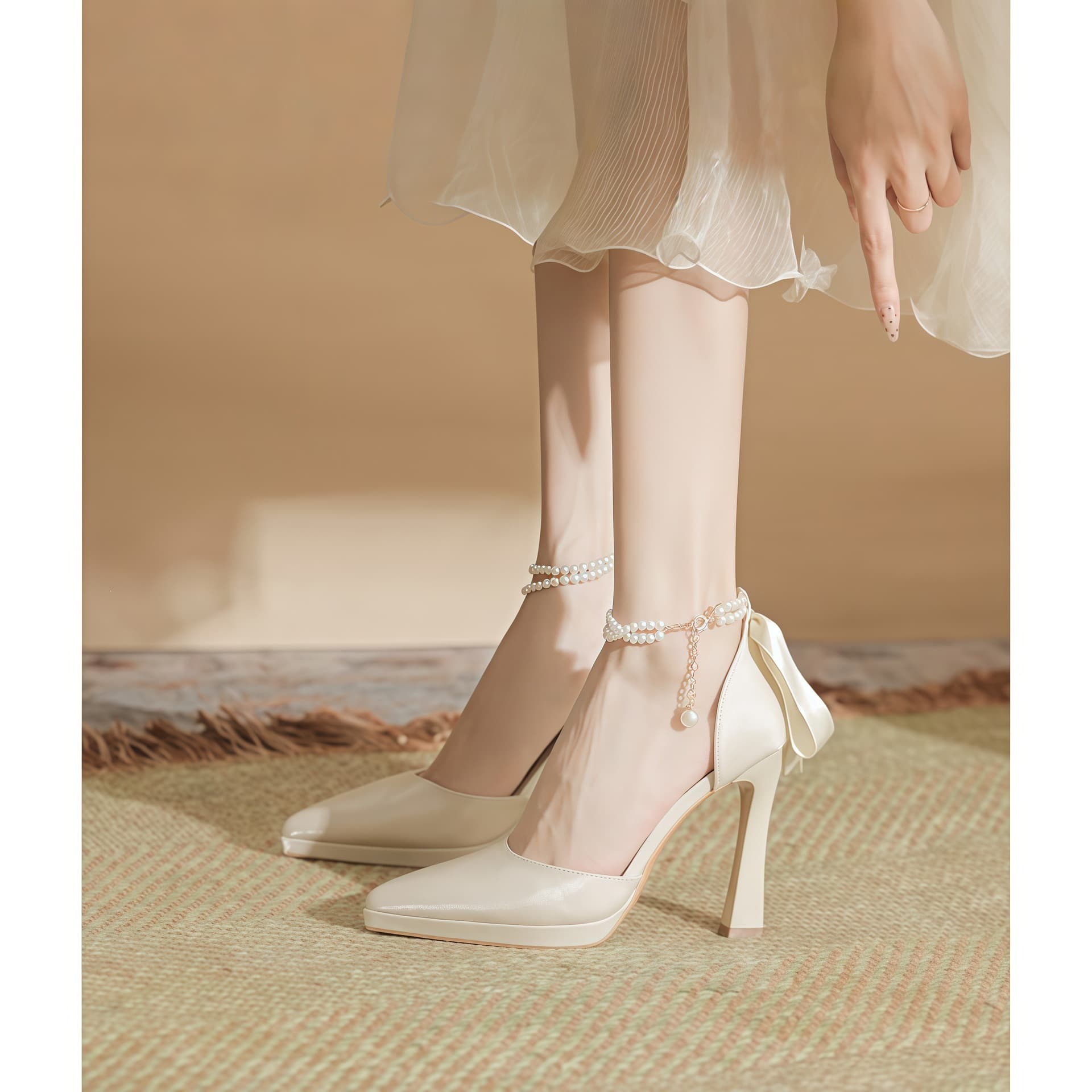 First Encounter Waterproof Platform High Heels for Women, Chunky Heel, Bow, Pointed Toe, French Satin, Champagne Color, Wedding Shoes for 18th Birthday