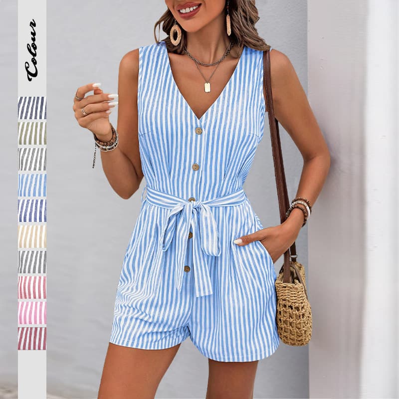 Cross-border European and American best-selling jumpsuits, holiday casual, simple jumpsuits, v-neck sleeveless lace-up striped jumpsuits