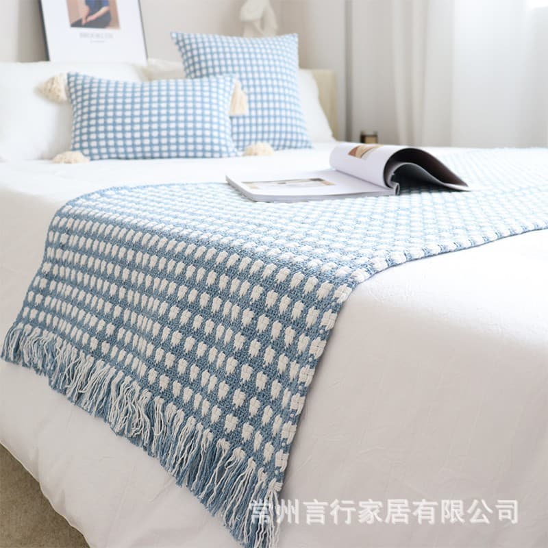 Modern Minimalist Hotel Bed Throw Blanket with Handmade Tassels, Geometric Pillow Cover, Bed Scarf, Bed End Throw