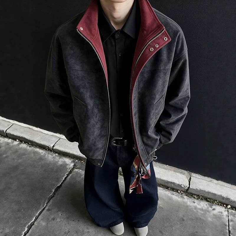 Gray Red Inner Contrast Tie-Dye Leather Jacket Men's Autumn Short Stand Collar Flight Jacket American Retro Motorcycle Jacket
