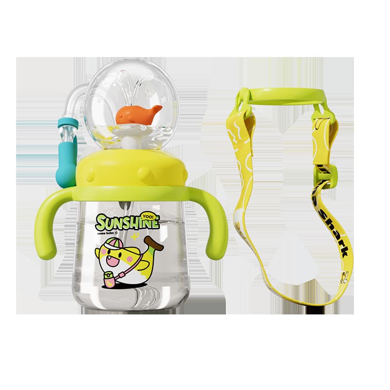 Comobebe Jane Love Baby Plastic Straw Cup, Children's Home and Outdoor Whale Spray Handle Strap Water Bottle