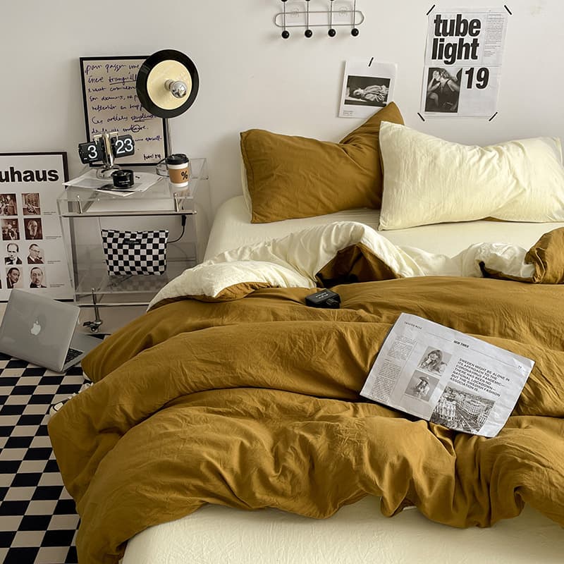 Japanese Style Solid Color Two-Tone Washed Cotton Bedding Set, Muji Style Duvet Cover, Flat Sheet, Fitted Sheet, Dormitory Bedding Three-Piece Set Wholesale