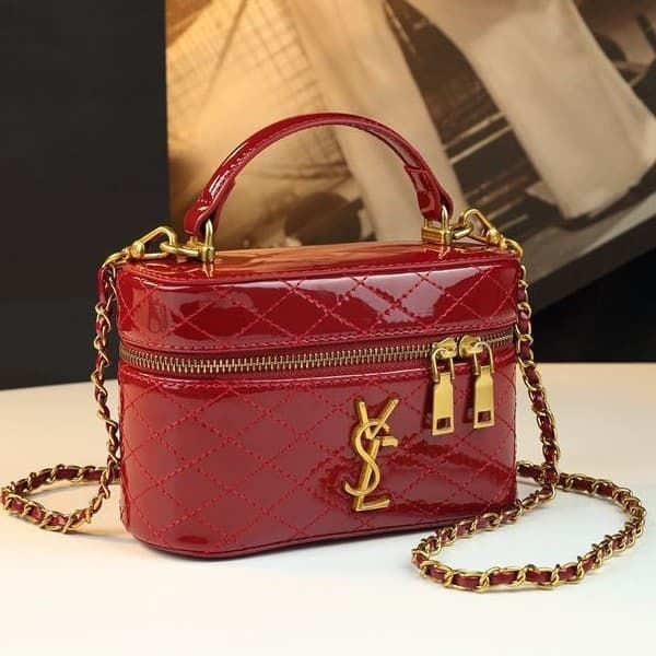 DIY YSL-Style Quilted Chain Bag Patent Leather Box Cosmetic Bag Genuine Leather Versatile Handbag Shoulder Crossbody Women's Bag
