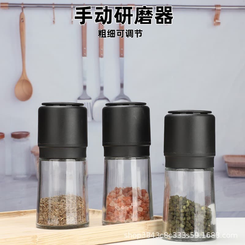Cross-Border Wholesale Manual Pepper Grinder Bottle Black Pepper Sea Salt Kitchen Seasoning Bottle Rotating Glass Grinder Bottle
