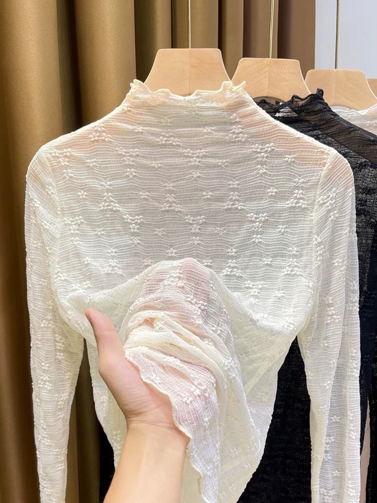 Women's high-neck lace undershirt, 2023 autumn new style, slim fit, thin, ruffled trim, long-sleeved inner top.