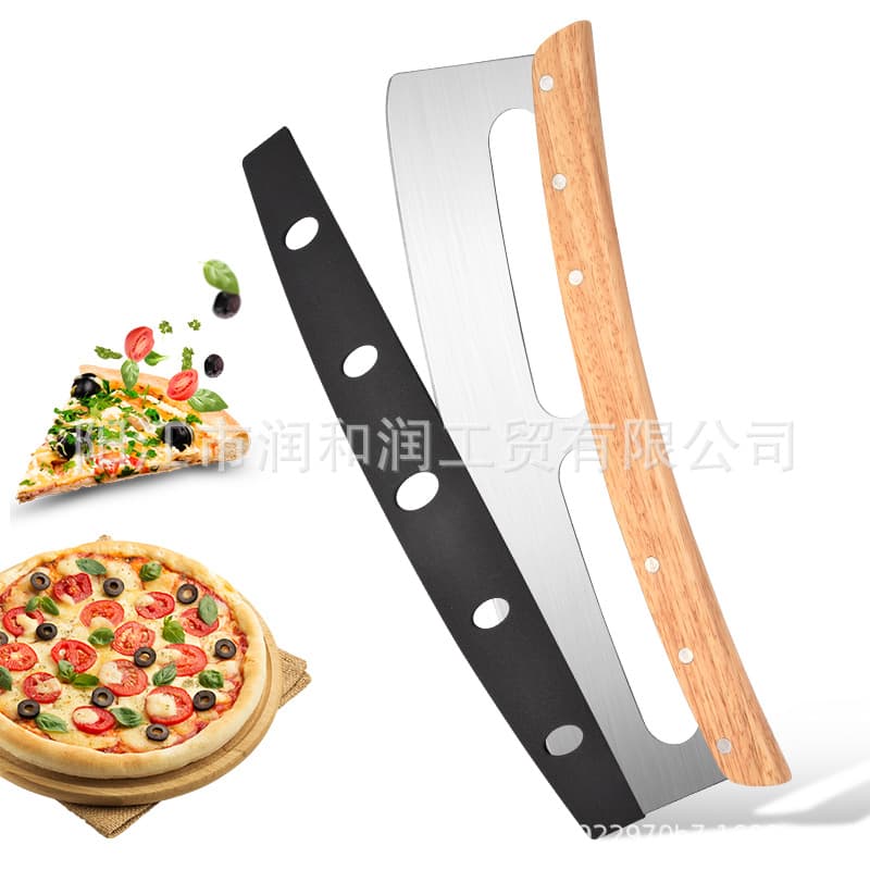 Pizza Cutter Wooden Handle Curved Blade Stainless Steel Pizza Cutter Half-Moon Dough Cutter Baking Tool Pizza Cutter