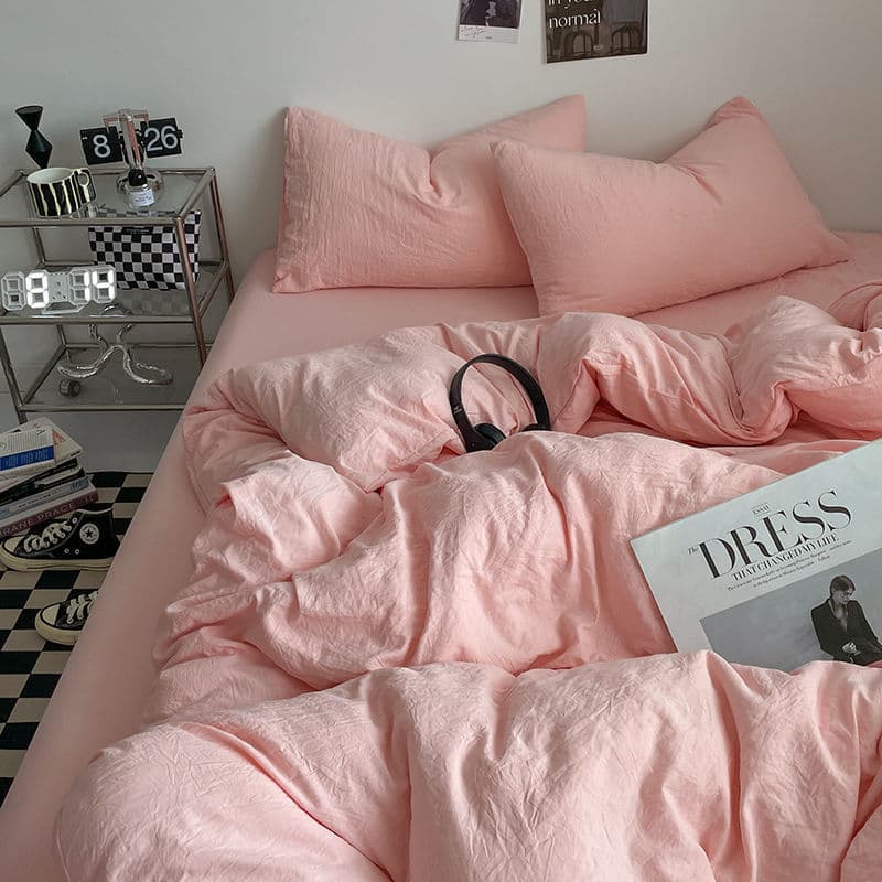Instagram minimalist style skin-friendly washed cotton solid-color sheet four-piece set, duvet cover with fully enclosed fitted sheet, student dormitory three-piece set