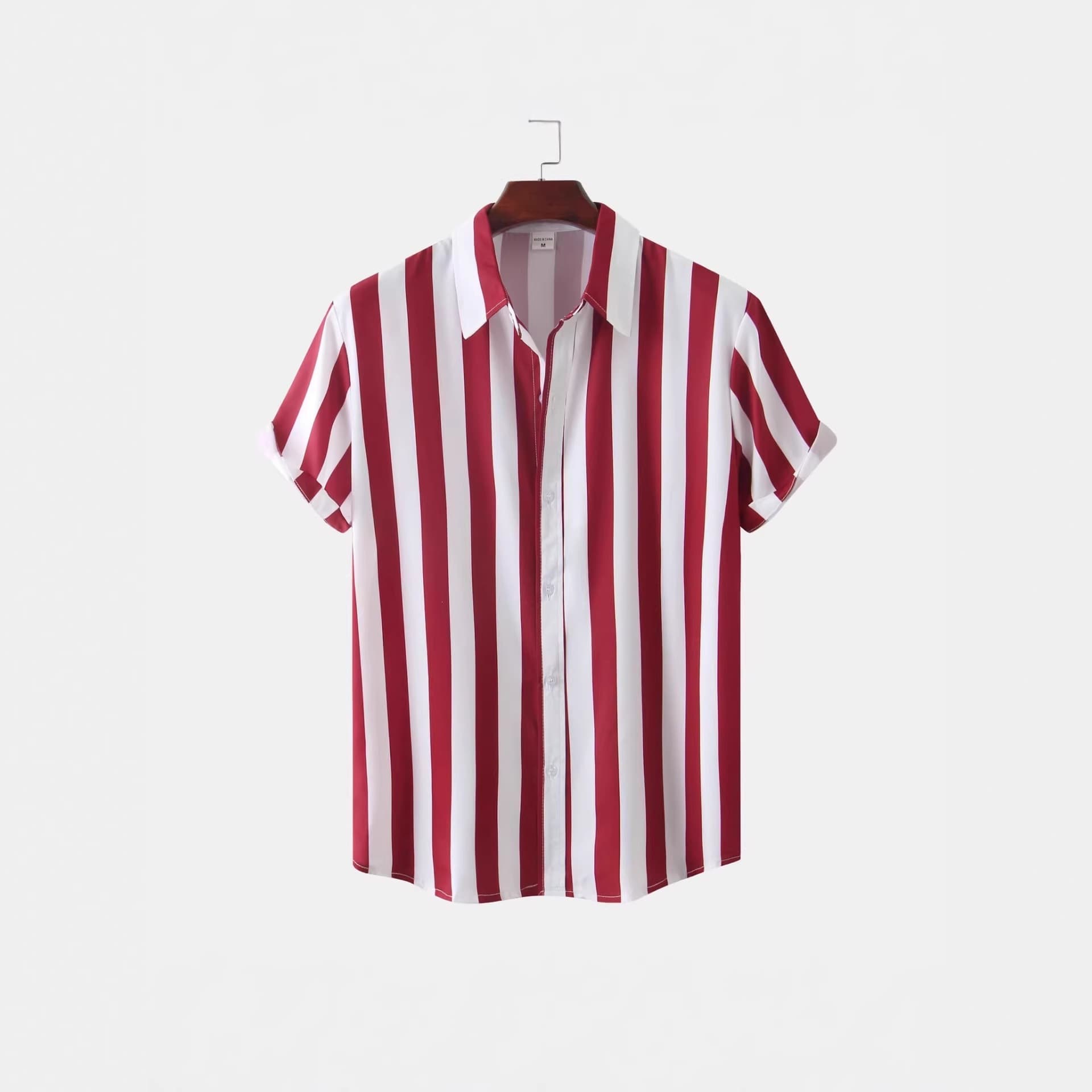 Cross-Border Trendy Striped Print Men's Shirt Summer Casual Loose Turn-Down Collar Short Sleeve Hawaiian Vacation Menswear