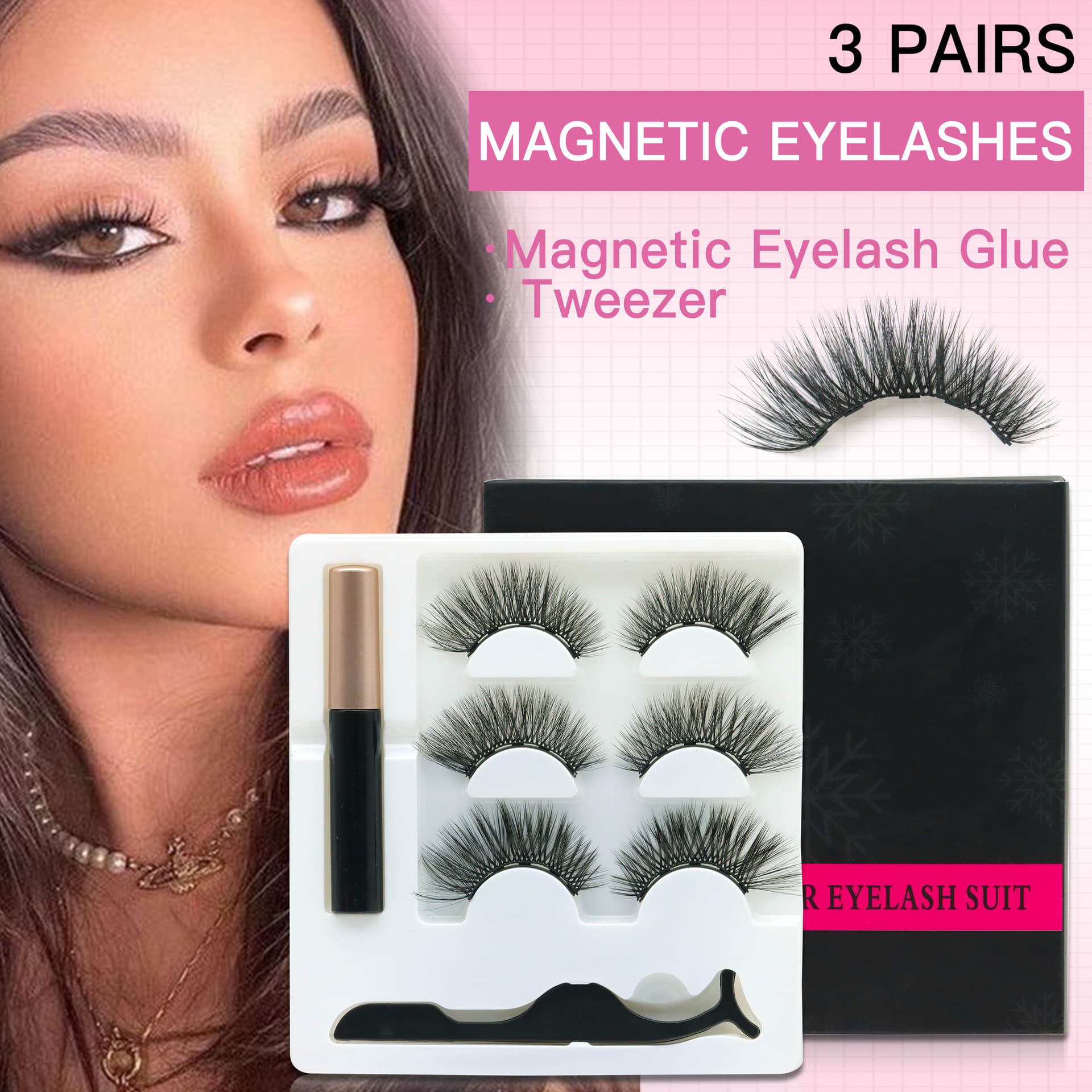 Magnetic No-Glue False Lashes 3D Magnet Eyelash Set, Three Pairs Mixed Pack, Natural Thick Magnetic Lashes