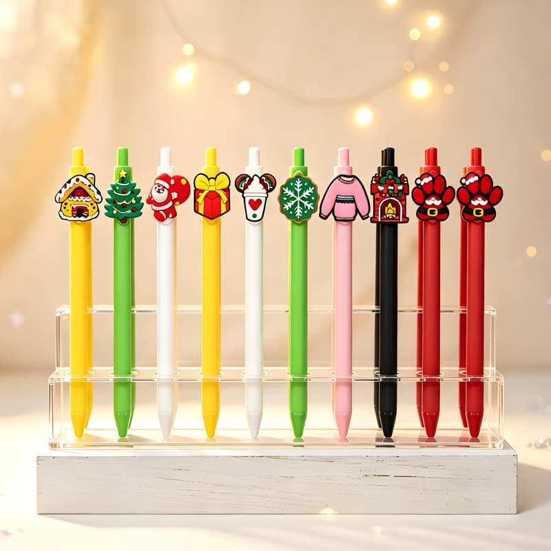 Christmas Theme Soft Silicone Sticker Pen Retractable Gel Pen Writing Stationery Push-Type Ballpoint Pen Telescopic Ballpoint Pen