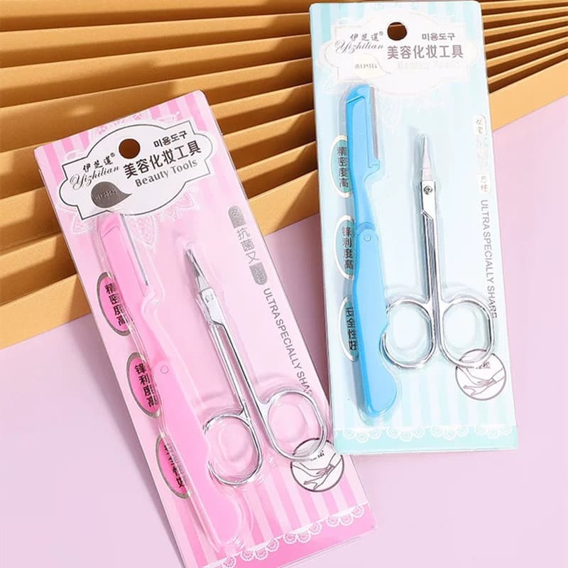 Folding Eyebrow Razor + Eyebrow Scissors Beauty Eyebrow Grooming Kit Tools 2-Yuan Store Goods Wholesale