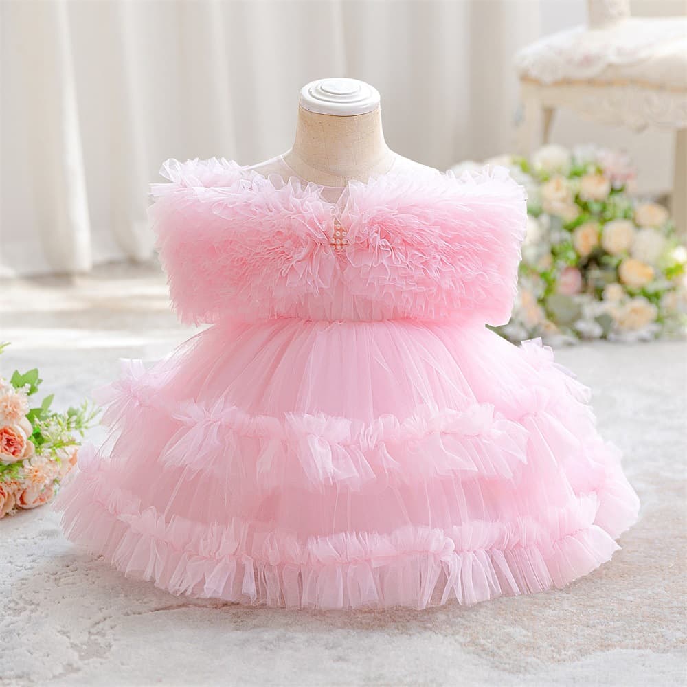 New One-Year-Old Baby Baptism Dress, One-Shoulder Mesh Tulle Princess Gown, Newborn Beaded Runway Dress