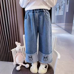 Girls' 2026 New Style Spring/Autumn Wide-Leg Jeans, Fashionable Kids' Straight-Leg Pants