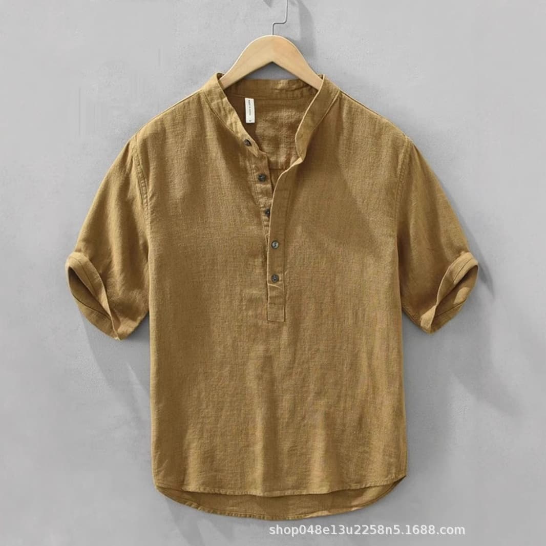 Japanese Simple Solid Color Stand Collar Men's Short Sleeve Summer Thin Pullover Shirt Retro Breathable Shirt