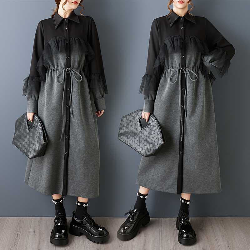 Real Shot Autumn New Arrival Loose Plus Size Printed Mesh Spliced Casual Sweet Long Sleeve Shirt Dress