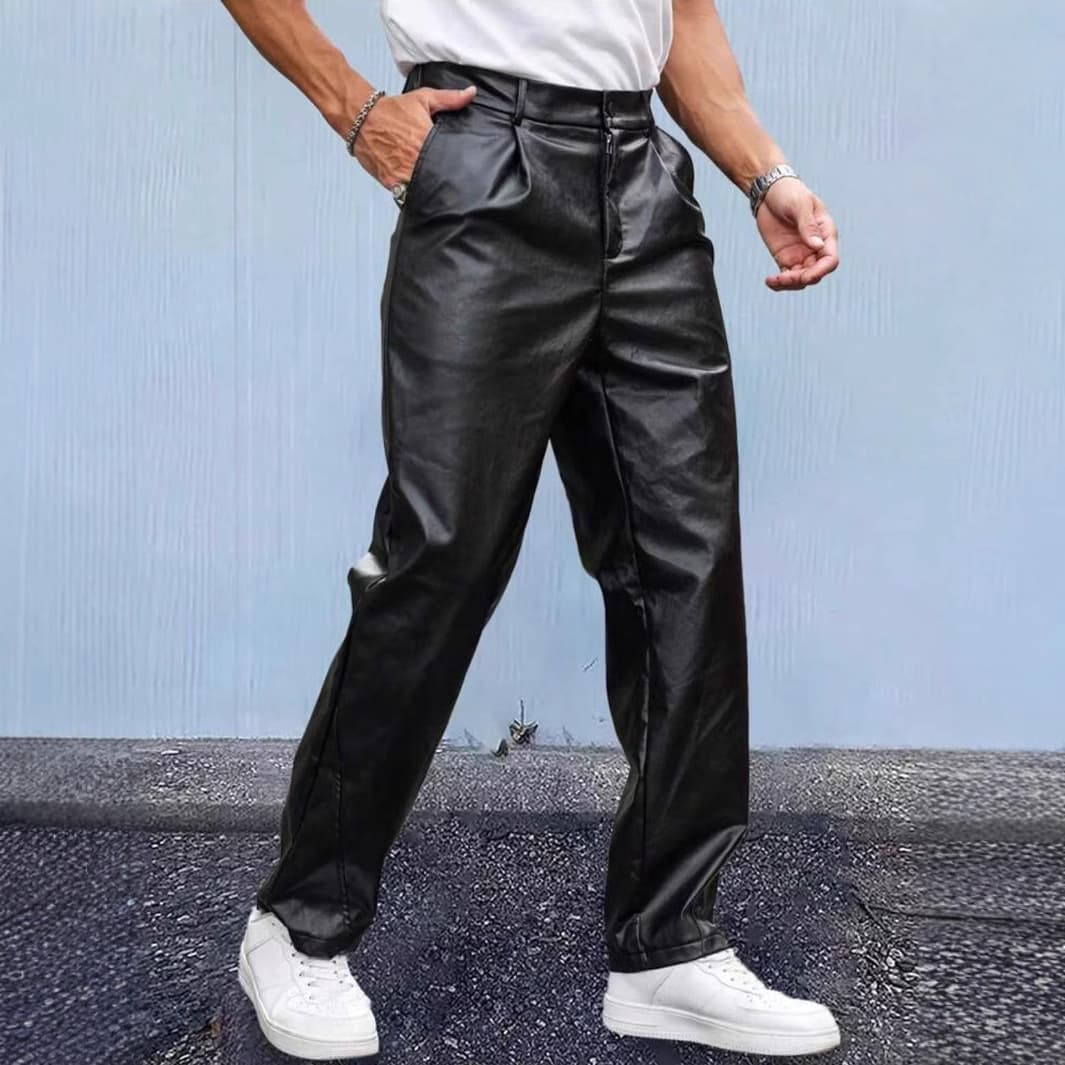 Cross-border 2025 new style windproof men's leather pants, loose trendy straight leg casual pants, European and American style men's leather pants