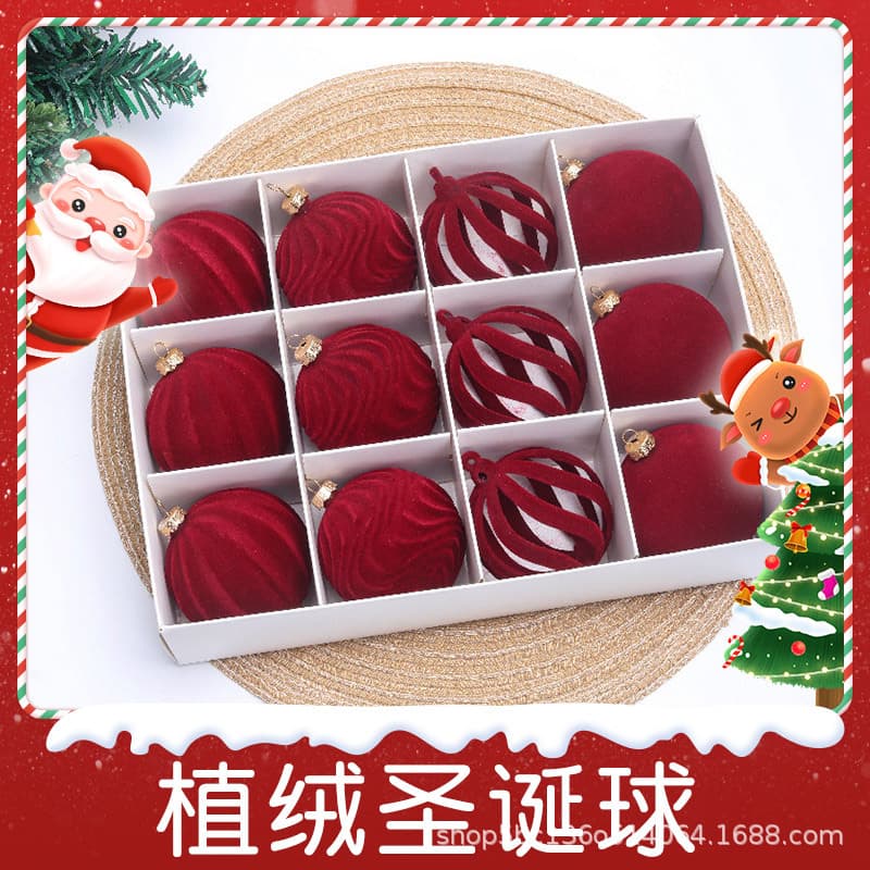 New Flocked Balls Christmas Red Flocked Painted Christmas Tree Decorations Set of 12 6cm Velvet Balls