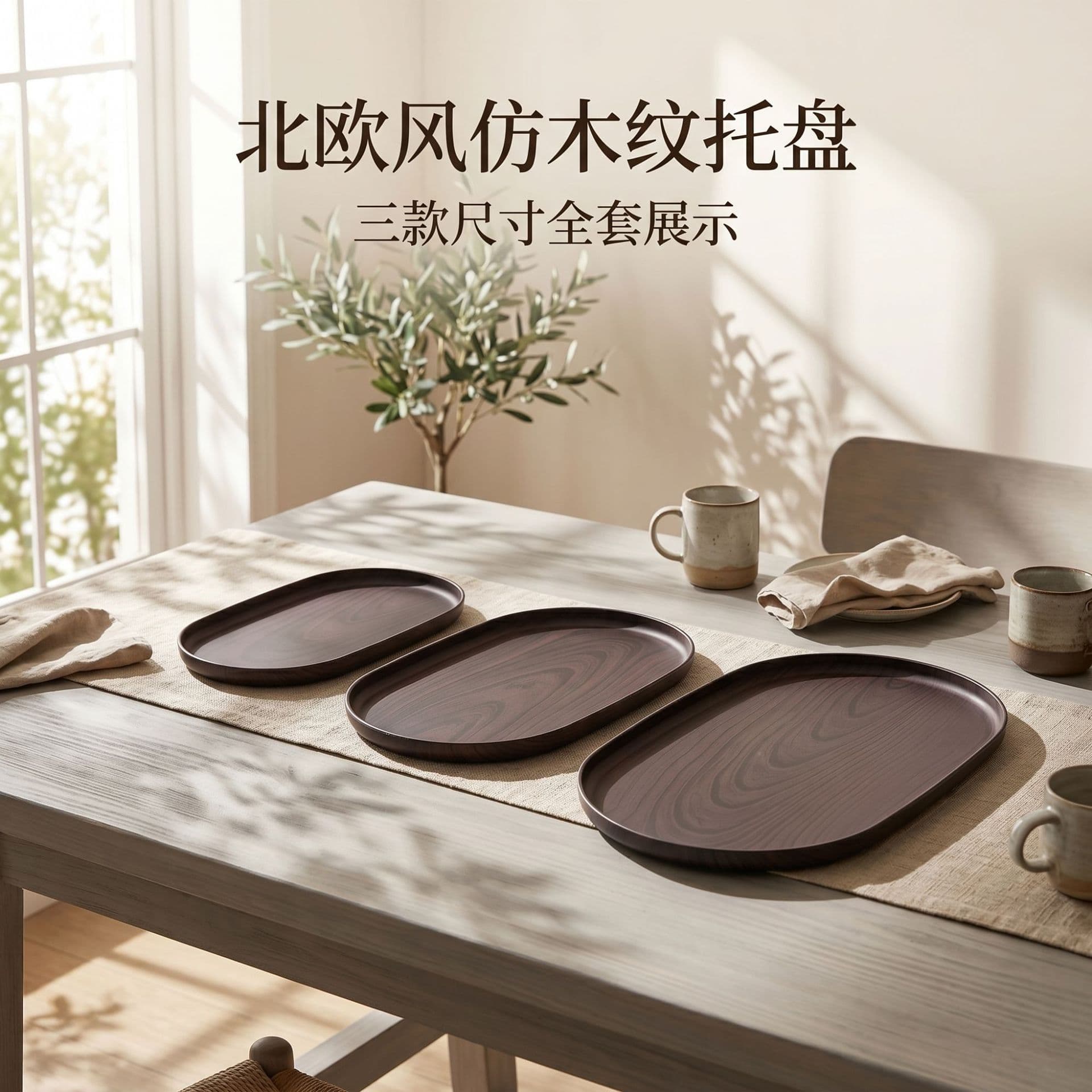 Cross-border plastic PP imitation walnut wood grain tray tea tray oval serving tray hotel barbecue tray wholesale