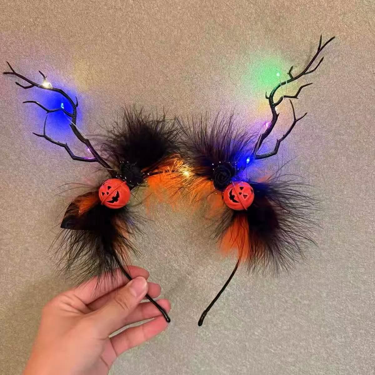 Halloween headband with feathers and pumpkin design, a funny prop for taking photos, a decorative item, a glowing headband, a hair accessory.