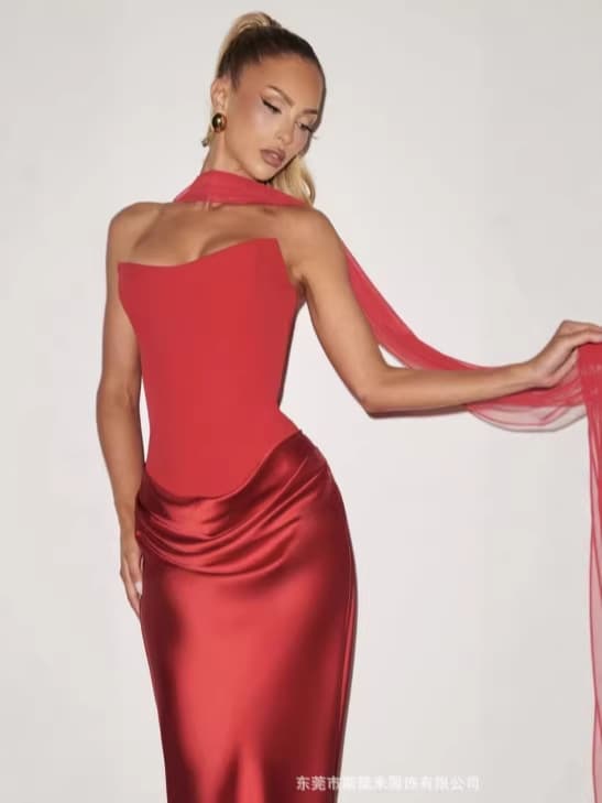 SDM218 Chic V-Neck Strapless Satin Patchwork Dress with Neck Scarf, Hot Girl Long Dress Gown, Wholesale Export Source