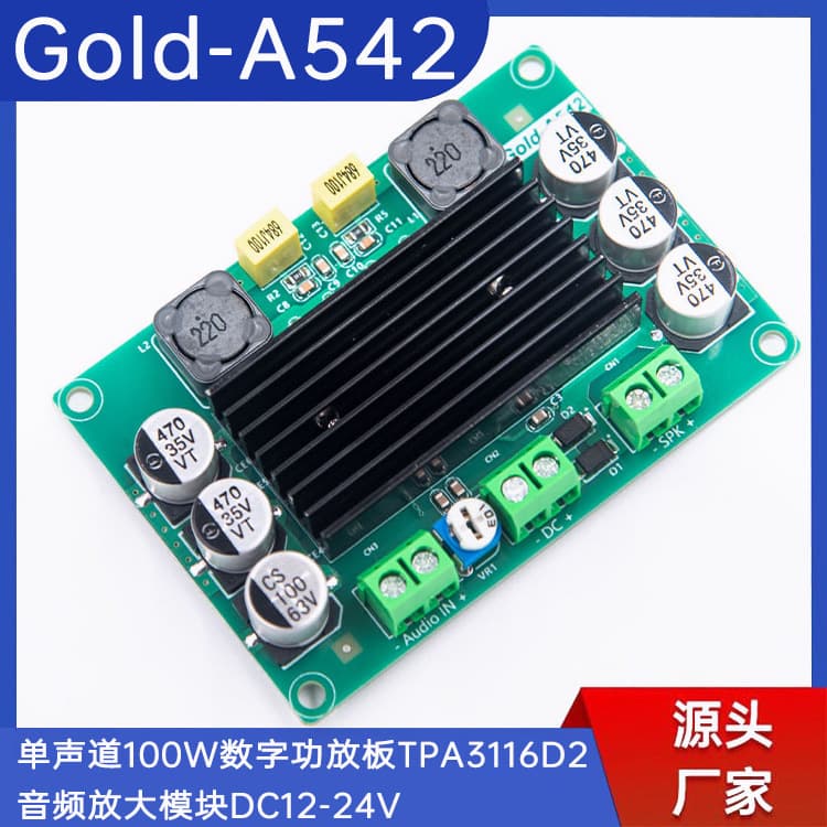 Gold-542 Mono 100W Digital Amplifier Board TPA3116D2 Audio Amplifier Board 12-24V High Power