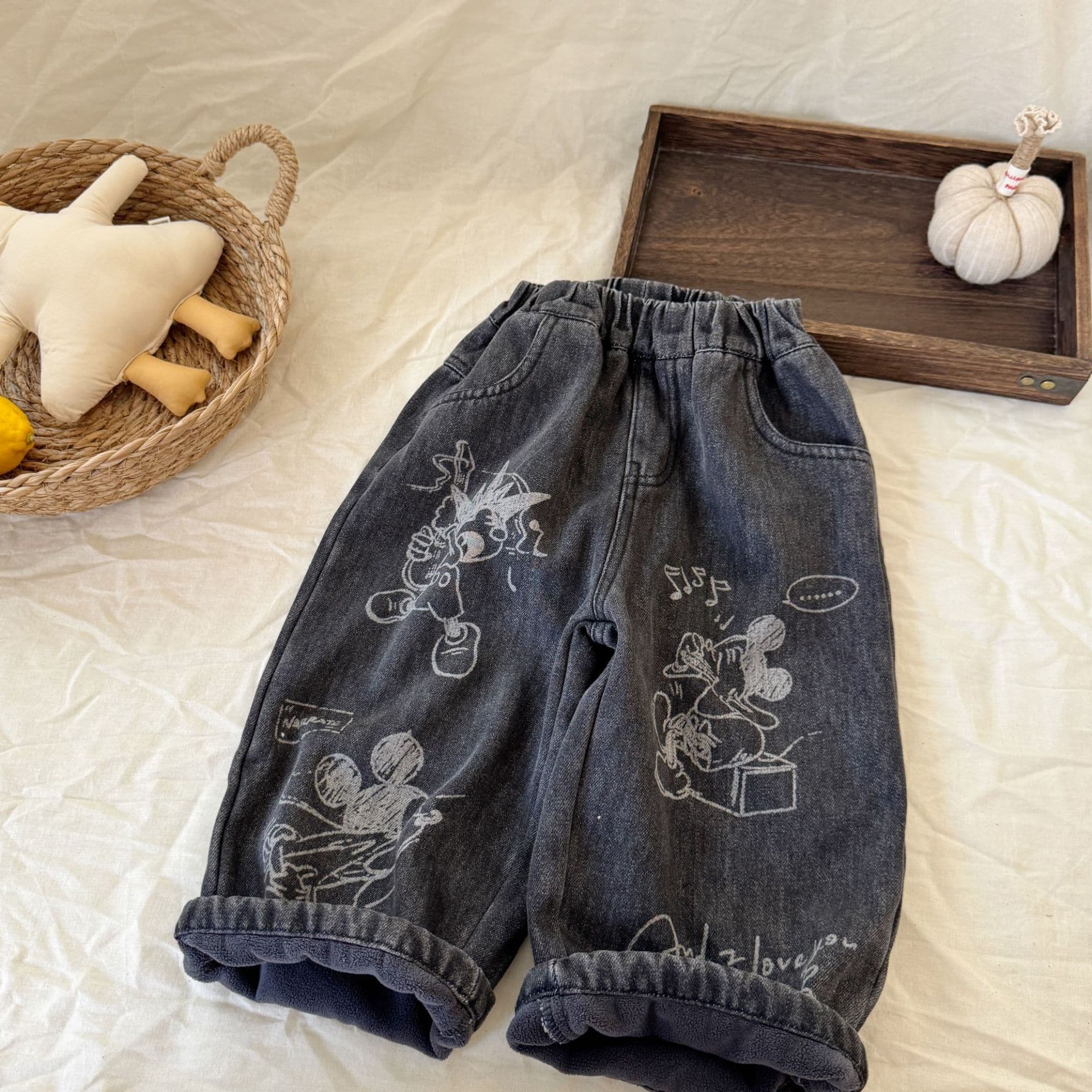 Kids' Pants 2025 New Style Boys' Denim Long Pants Trendy Cool Korean Style Mickey Mouse Fleece-lined Jeans