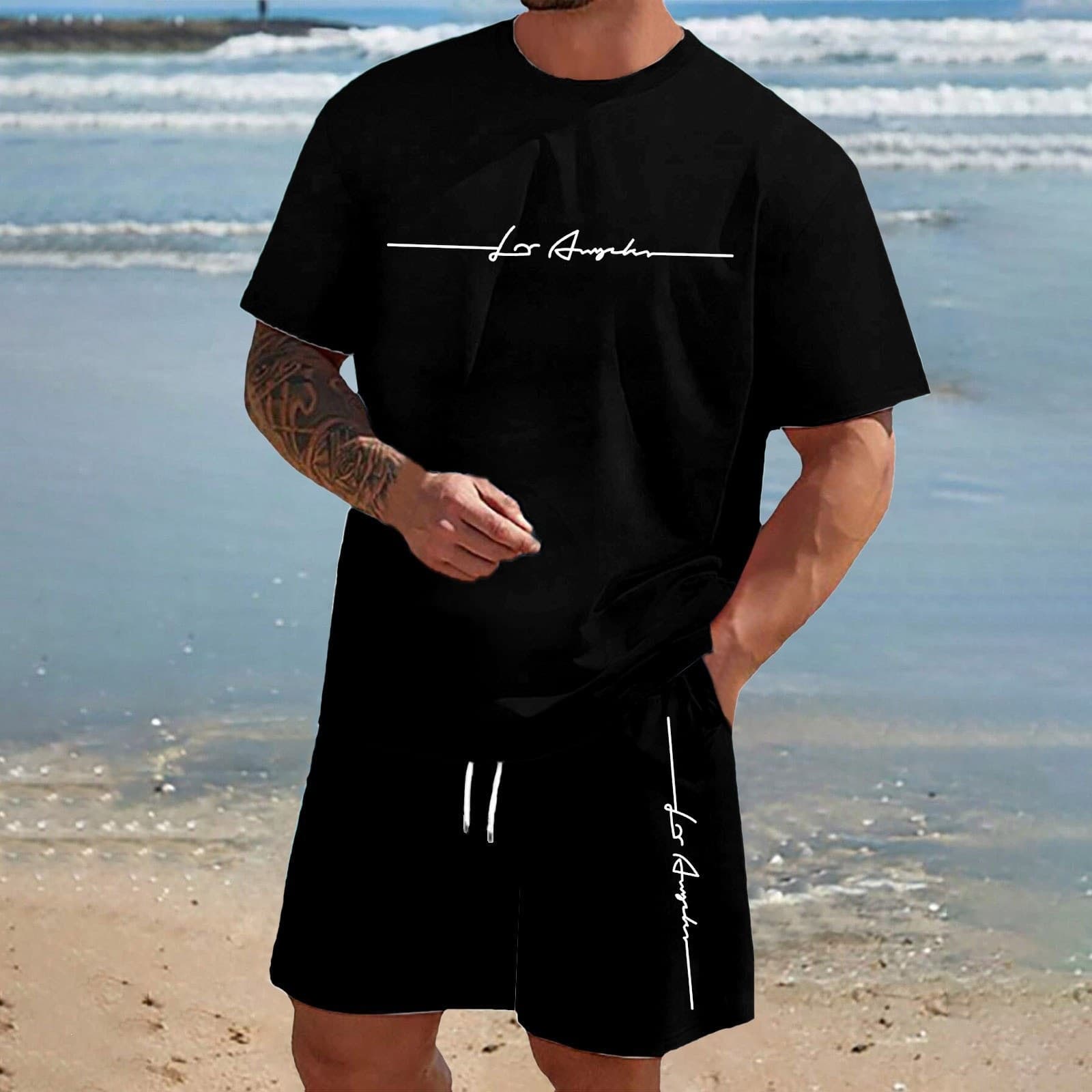 2026 Summer Men's Short Sleeve T-Shirt and Shorts Set Casual Sport Gradient Letter 3D Print Plus Size